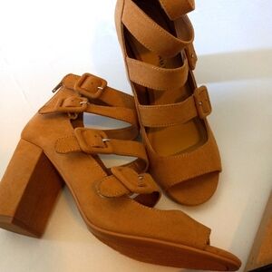 Women's Tan Buckled Strap Peep Toe  Chunky Heels by Chinese Laundry Size 8.5 NWT